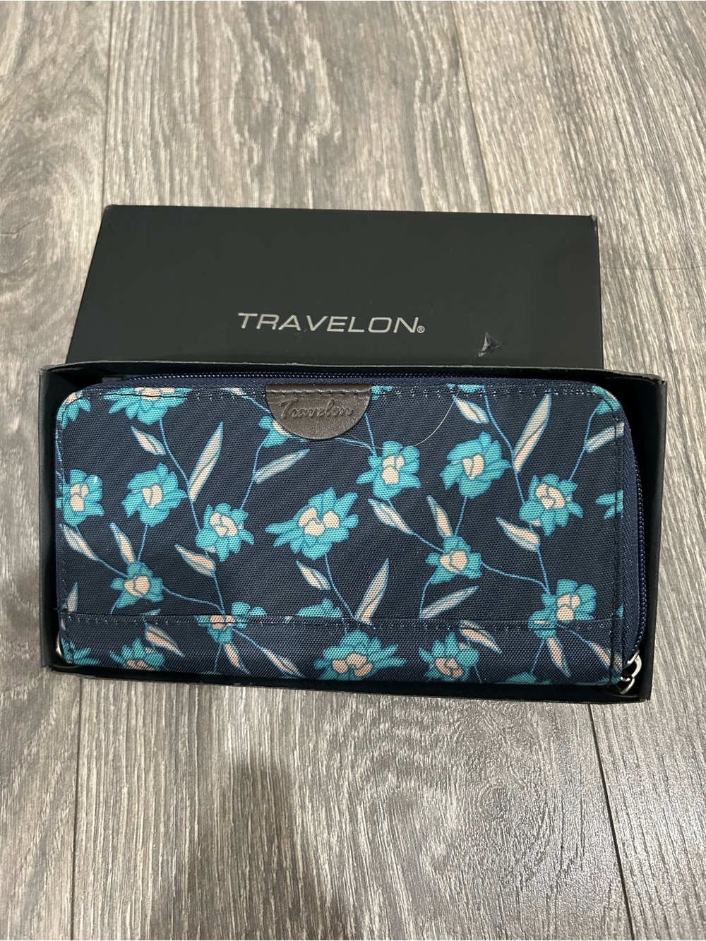 Travelon Navy Floral Zip Wallet with Teal Flowers